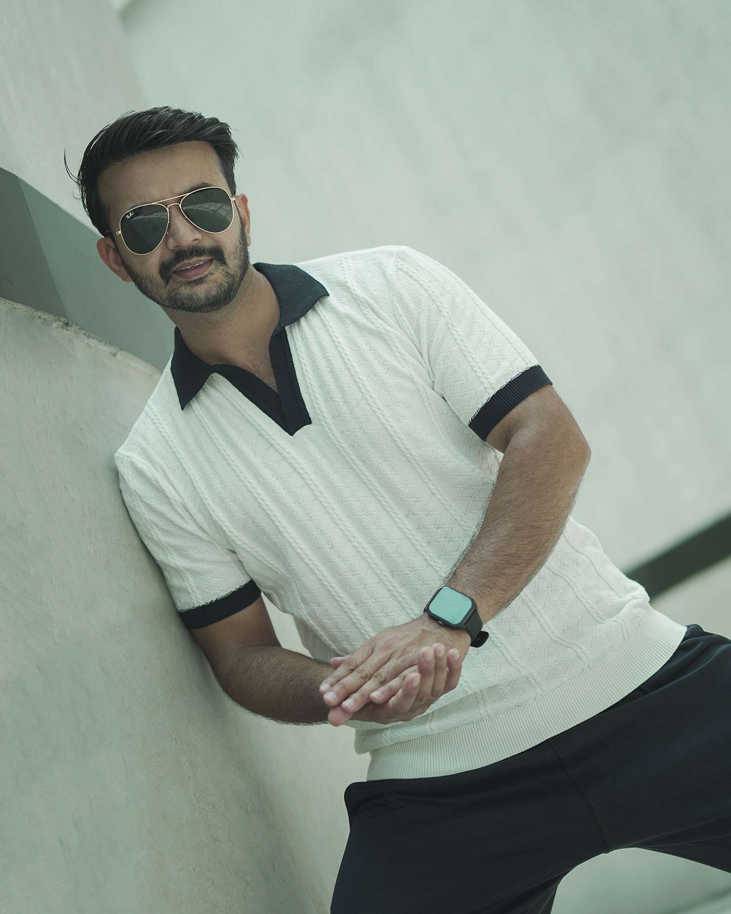 Knitted Polo Shirt For Men - White Contrast