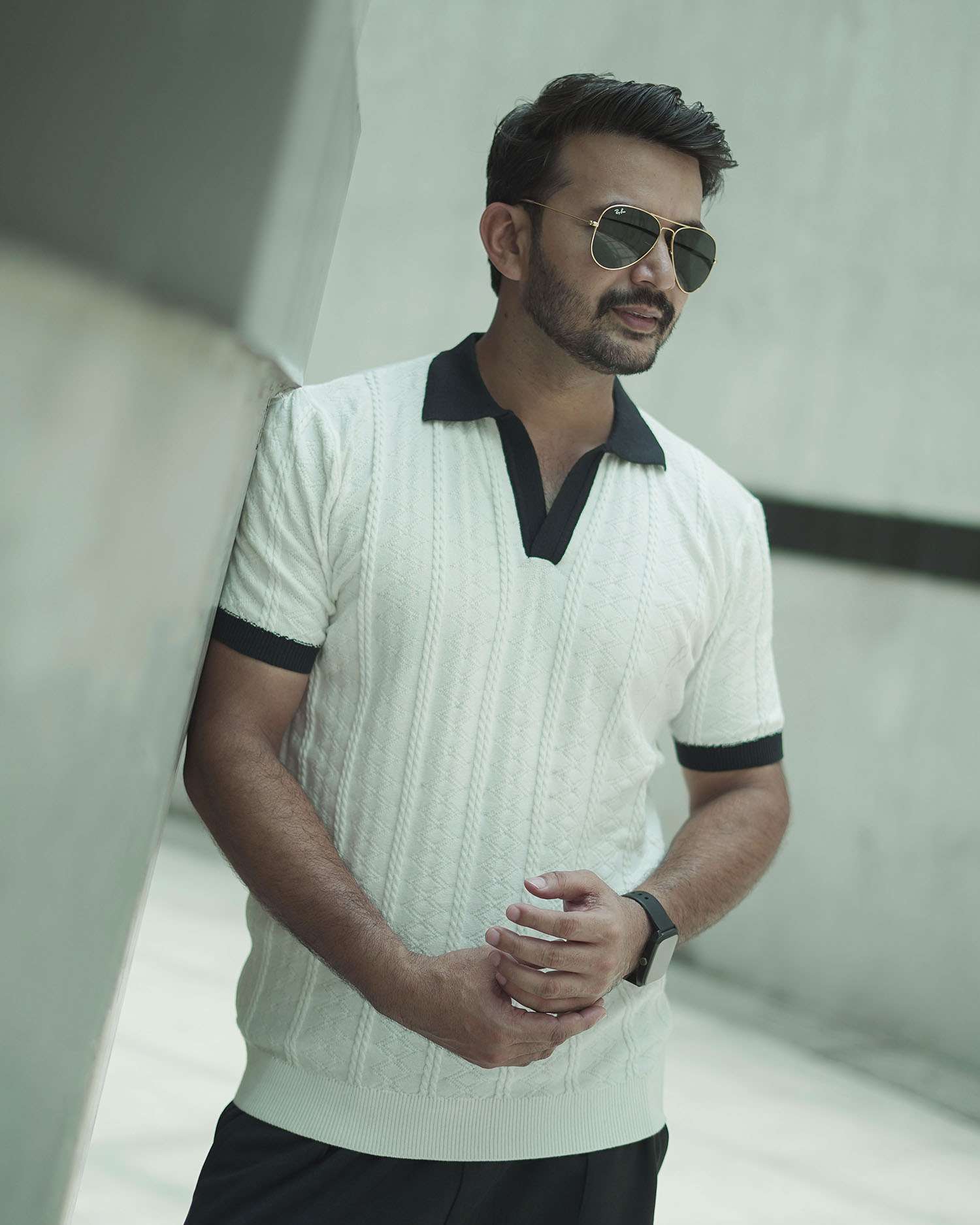 Knitted Polo Shirt For Men - White Contrast