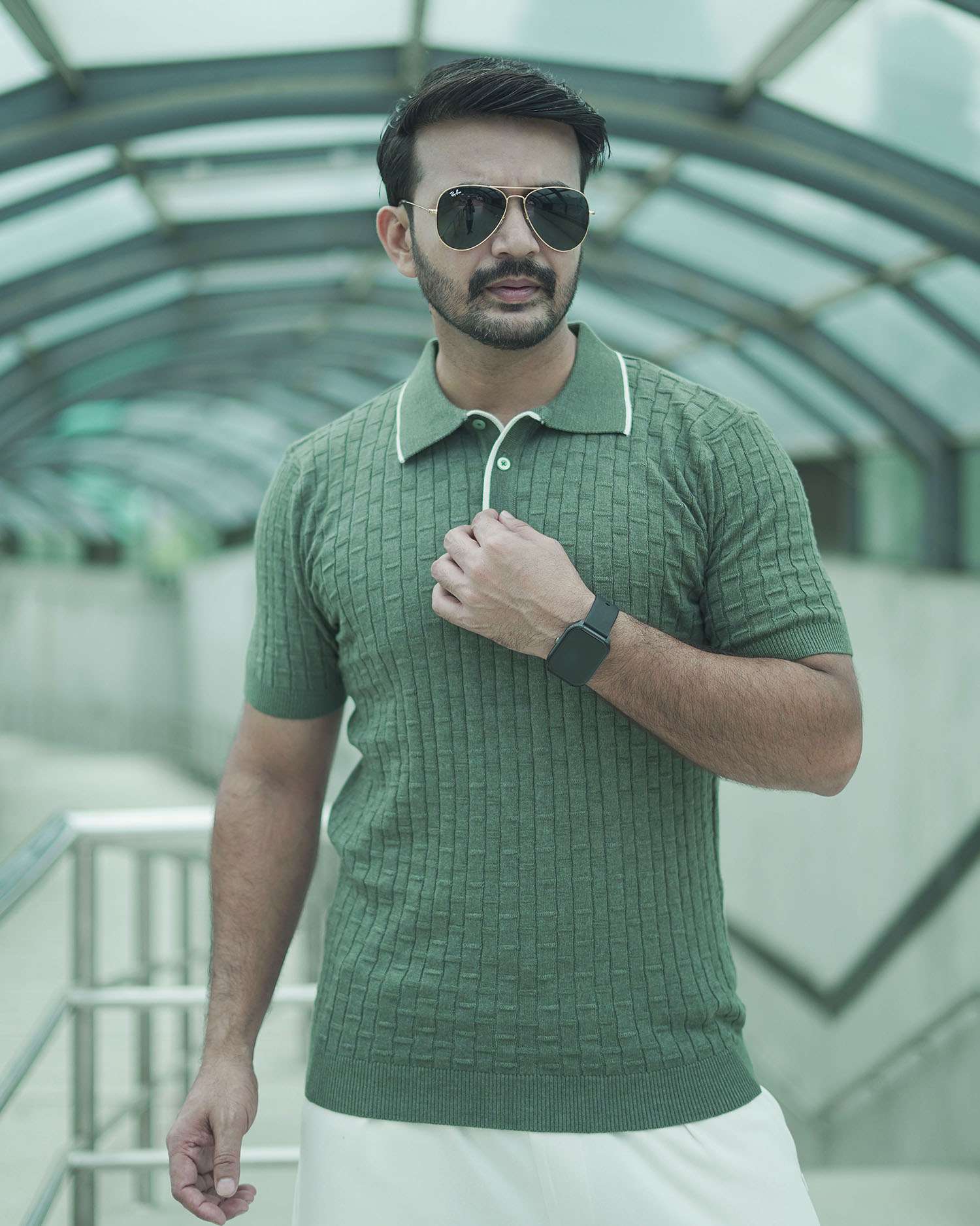 Knitted Polo Shirt For Men - Olive Green
