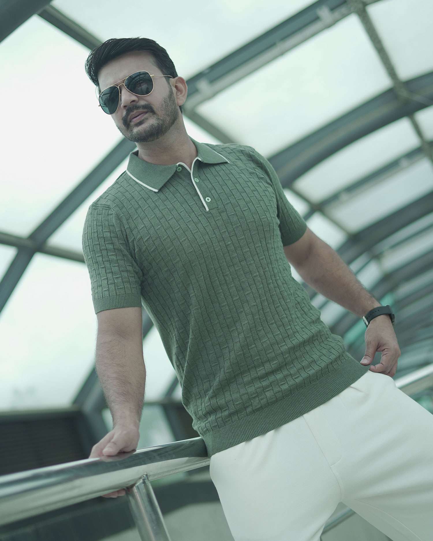 Knitted Polo Shirt For Men - Olive Green