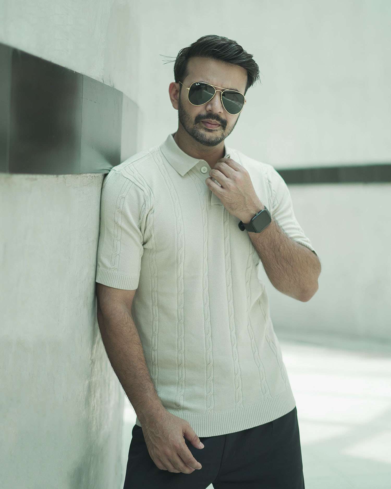 Knitted Polo Shirt For Men - Cream