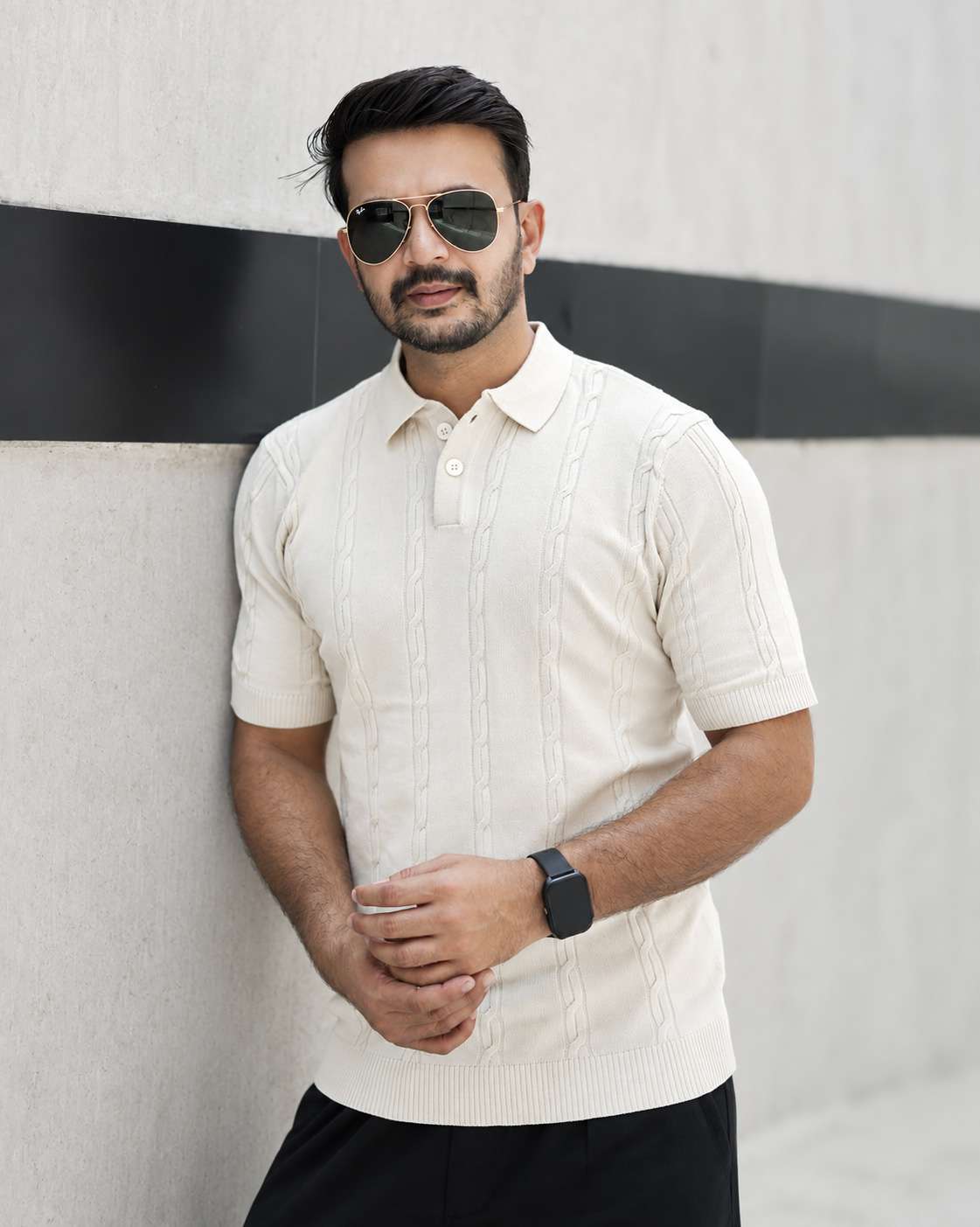 Knitted Polo Shirt For Men - Cream