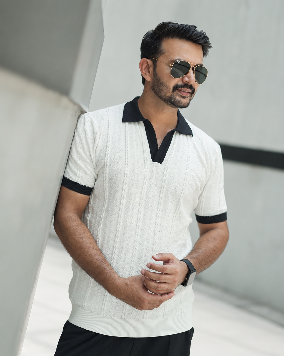 Knitted Polo Shirt For Men - White Contrast
