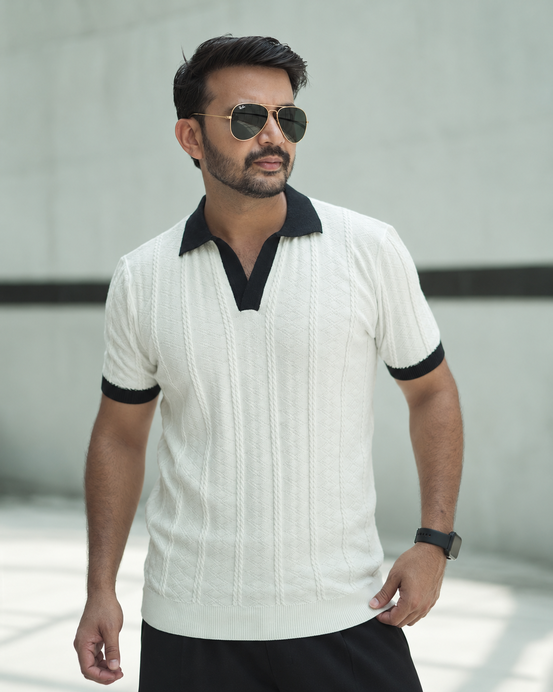 Knitted Polo Shirt For Men - White Contrast