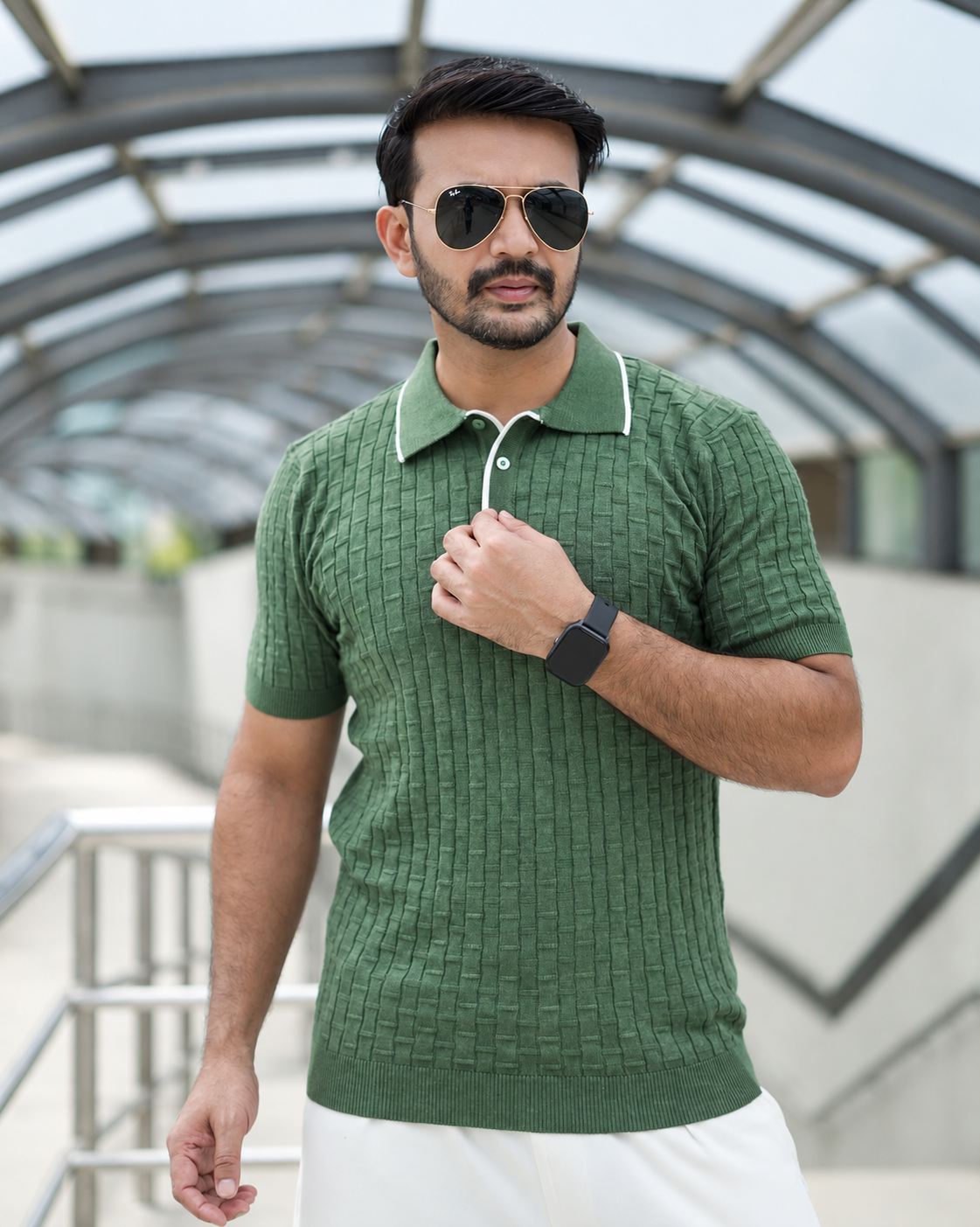 Knitted Polo Shirt For Men - Olive Green