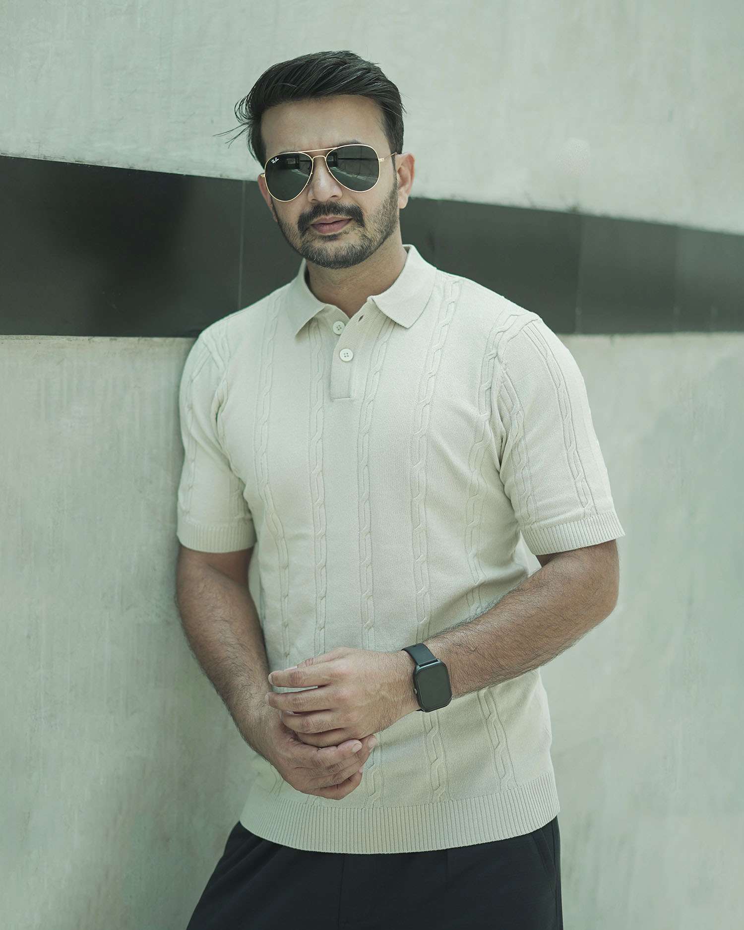 Knitted Polo Shirt For Men - Cream