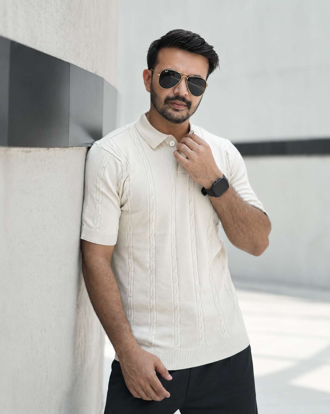 Knitted Polo Shirt For Men - Cream