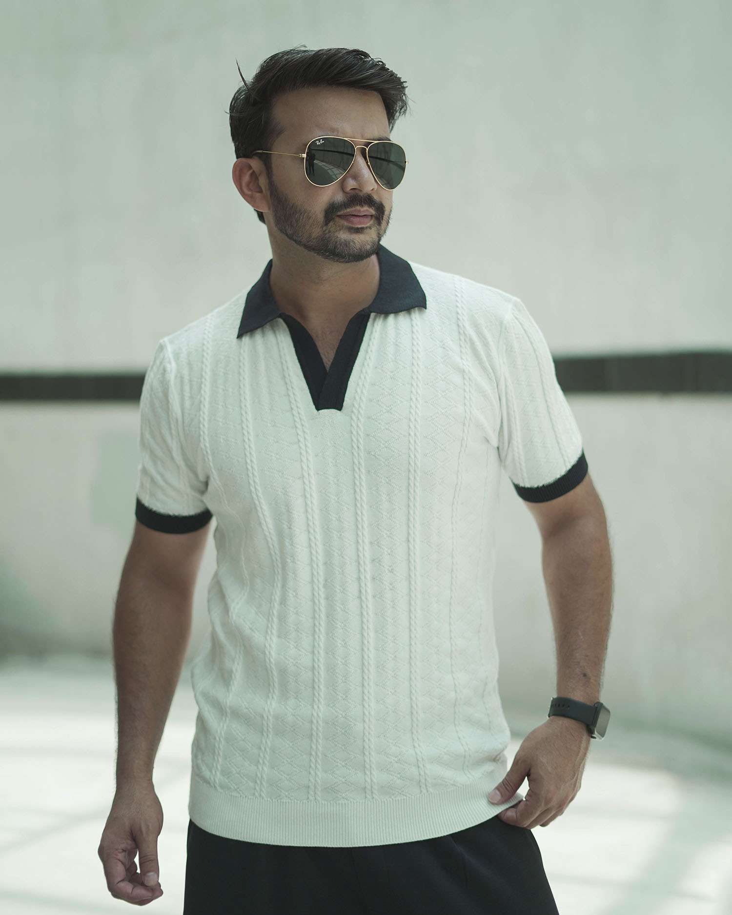 Knitted Polo Shirt For Men - White Contrast