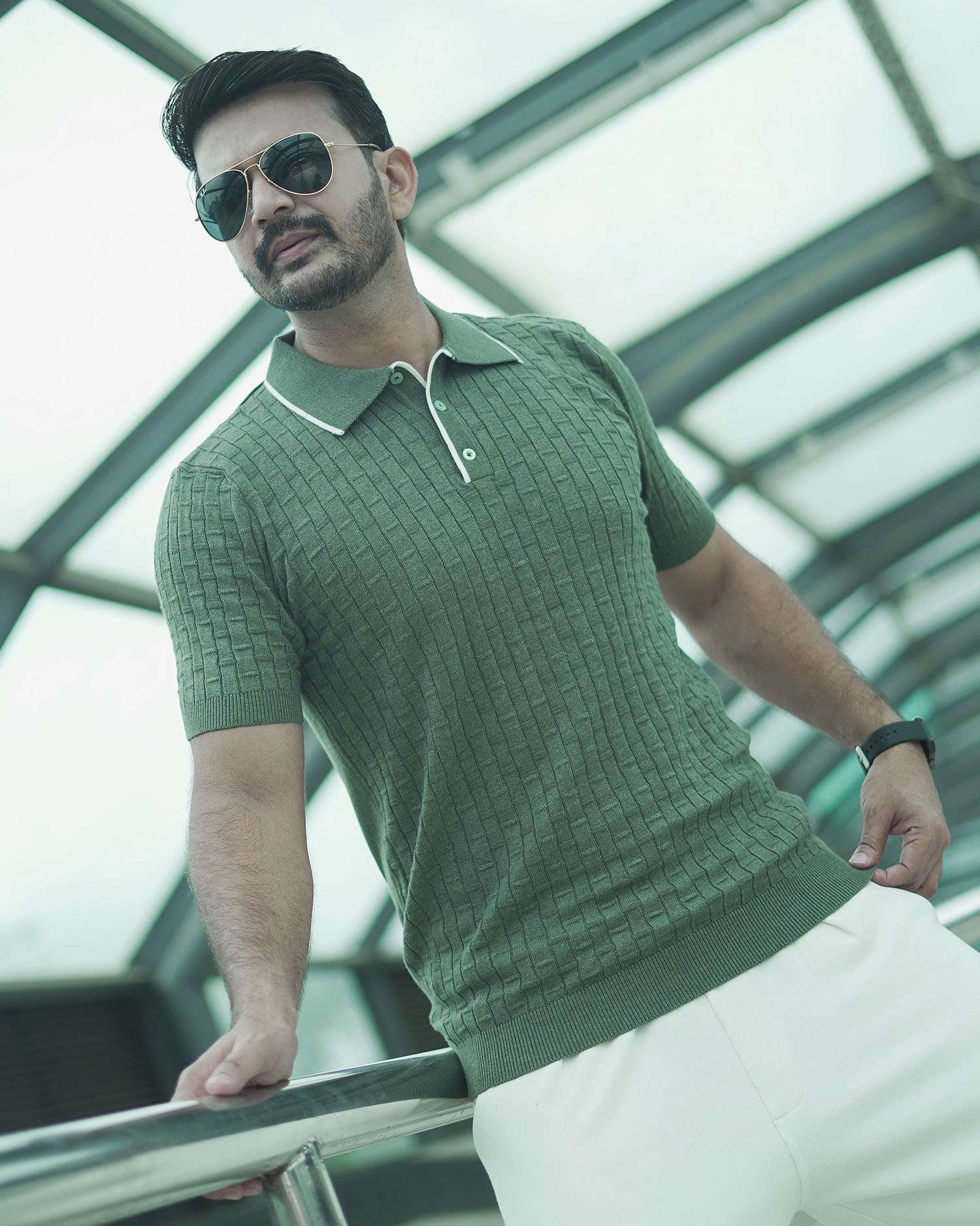 Knitted Polo Shirt For Men - Olive Green