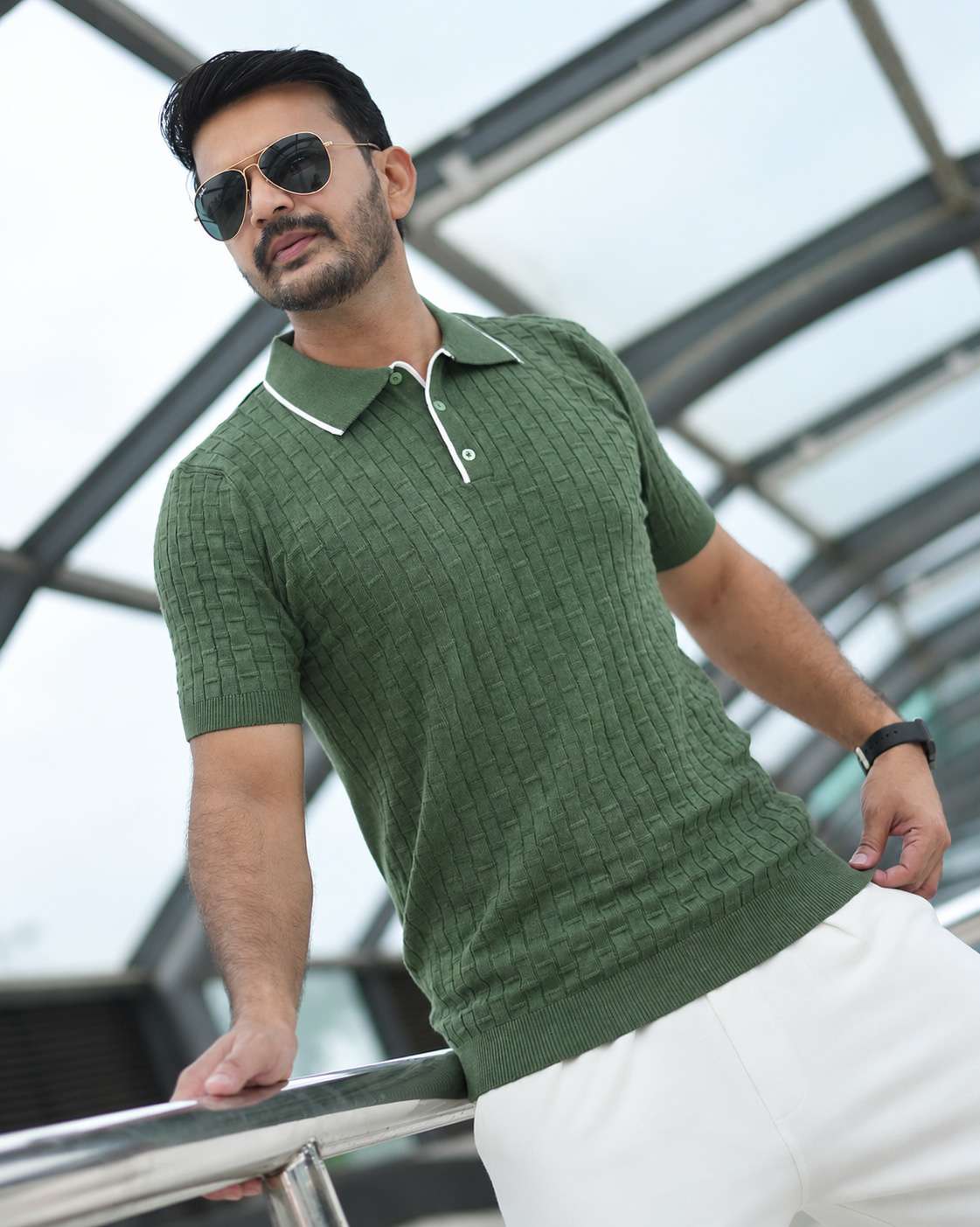 Knitted Polo Shirt For Men - Olive Green